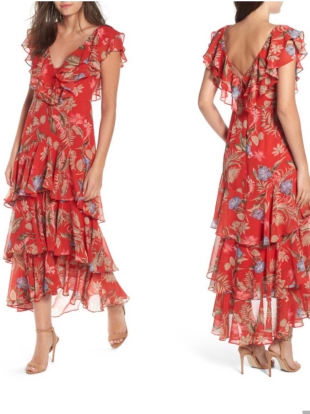 Wayf Chelsea Red Floral V-neck Ruffle Tiered Maxi Dress Size Medium